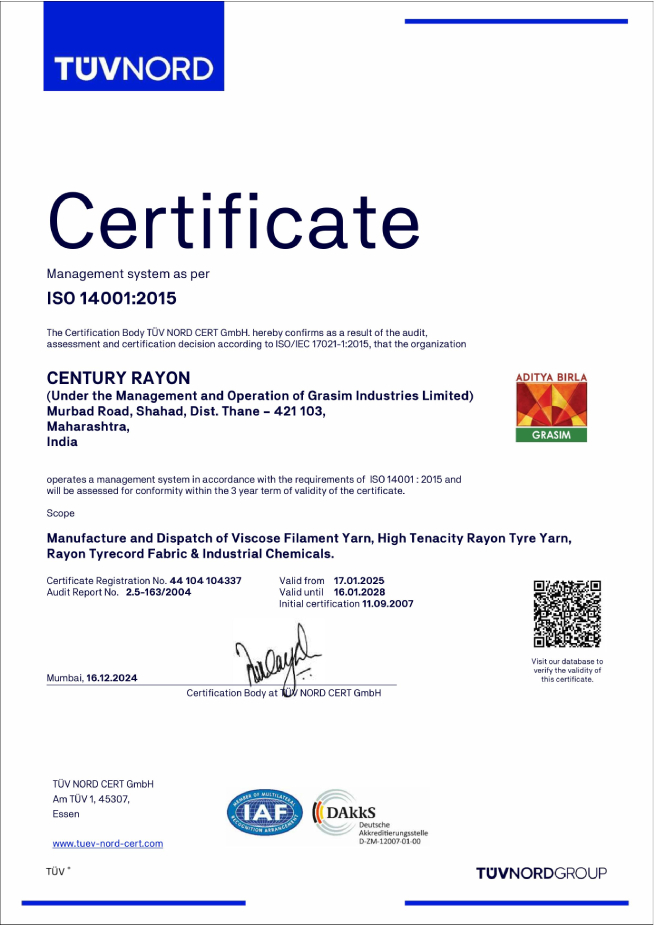 ISO 14001:2015 Certificate awarded to Century Rayon, under the management of Grasim Industries Limited